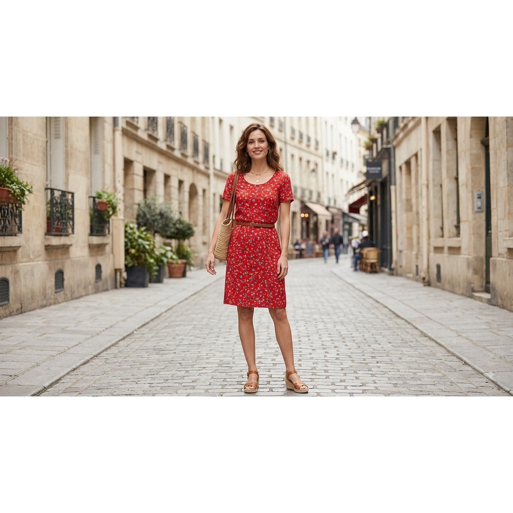 Des Petits Hauts Red Ditsy Floral Viscose Short Sleeve Sheath Dress Size M (T2)